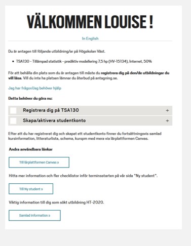 Skärmdump och exempel på webbsida för välkomstsida för student