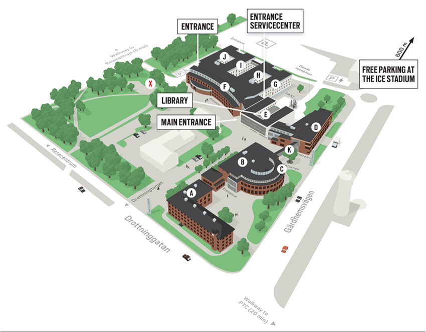 Illustrated map of campus with placement of buildings