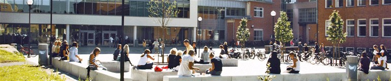 Studenter sitter utanför en av högskolans entréer. Sommar. Foto.