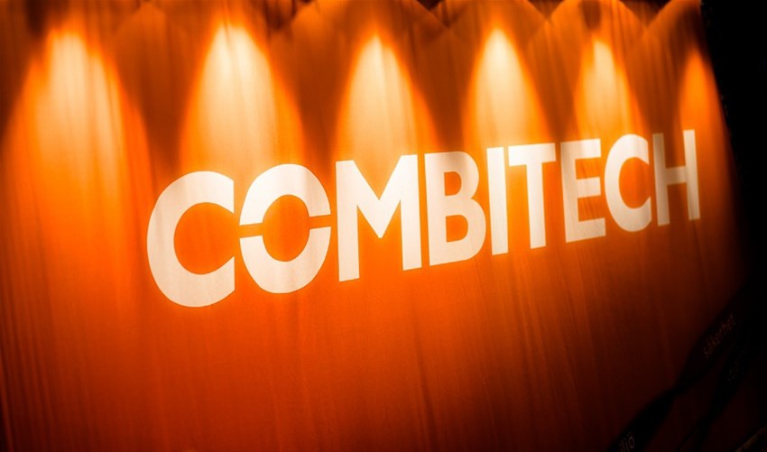 Combitech-logon on a red wall.