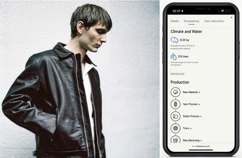Kille i läderjacka och mobil som visar hållbarhetsindikatorer
