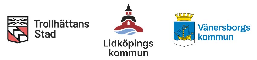 En samling av logotyper för Trollhättans stad, Lidköpings kommun och Vänersborgs kommun.