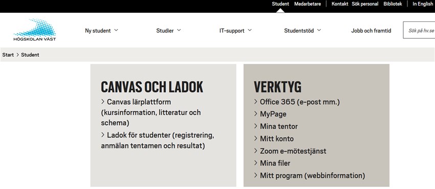 Bilden visar var en student väljer att komma till Ladok för studenter