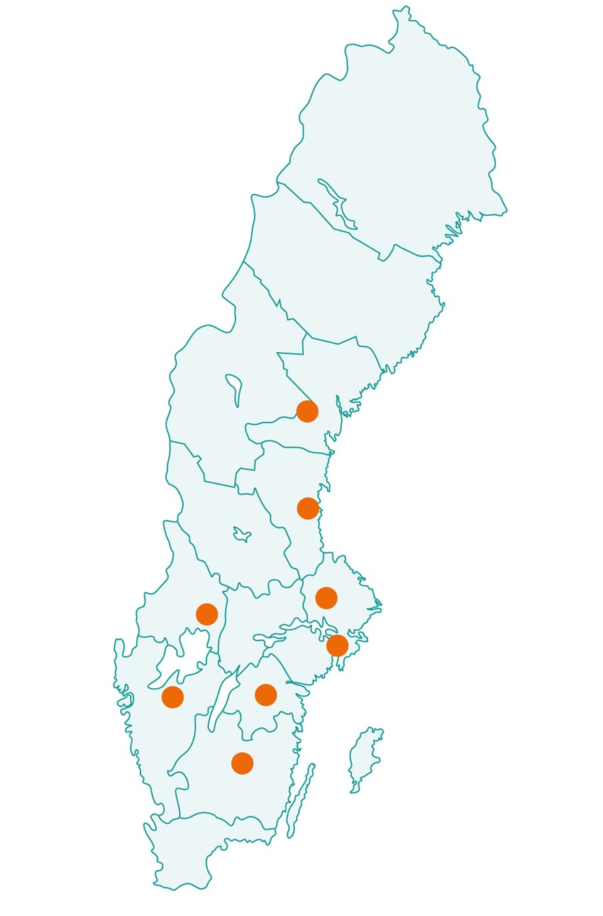 Bild på Sverige med medverkande lärosäten utmärkta på kartan. 