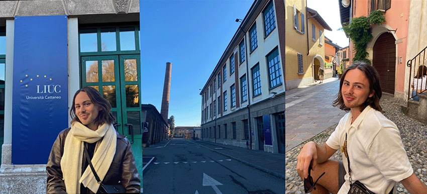 Från vänster: Alexander framför lärosätets logotyp. En del av campus. Alexander.