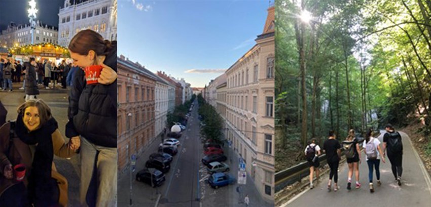 Ett kollage med bilder från tjeckien. På en stad, en skog och en på människor.