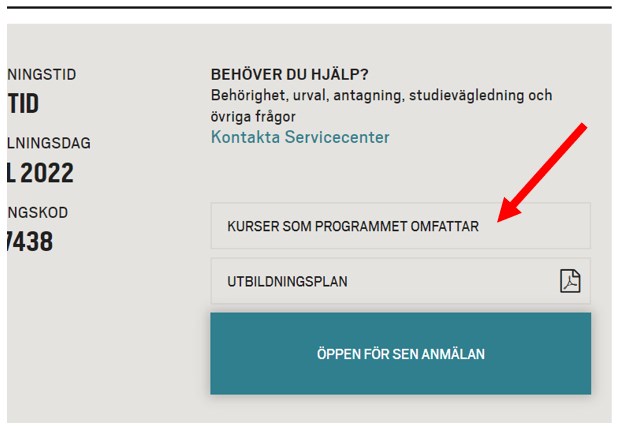 Skärmdump från webb. En pil pekar på Kurser inom Program