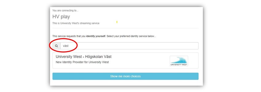 Välj Högskolan Väst vid inloggning