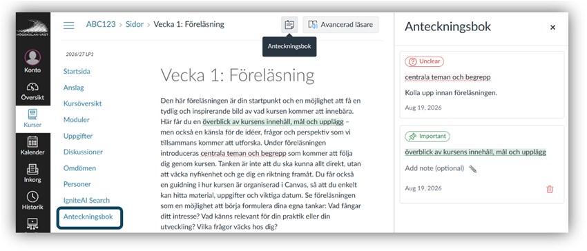 Studentens vy anteckningsbok