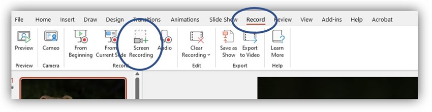 Record i meny och Screen Recording funktion