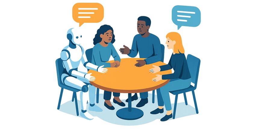 En illustration över tre personer och en robot som samtalar vid ett bord