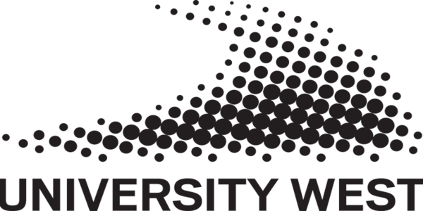 Svarta cirklar staplade på varandra i form av en våg. Under symbolen står University West i svart text.