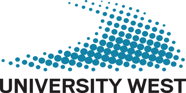 Blå cirklar staplade på varandra i form av en våg. Under symbolen står University West i svart text.