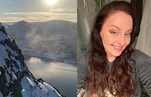 Kollage med ett selfie-porträtt av Hanna samt snötäckta berg  