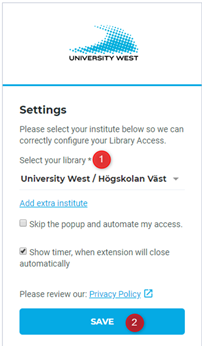 Bild på hur du väljer University West  i Library Access Settings
