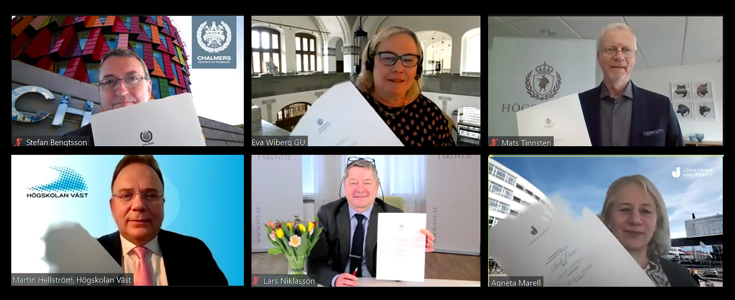 Top row: Stefan Bengtsson (vice-chancellor at Chalmers), Eva Wiberg (vice-chancellor at the University of Gothenburg), Mats Tinnsten (vice-chancellor at University of Borås). Bottom row: Martin Hellström (vice-chancellor at University West), Lars Niklasson (vice-chancellor at University of Skövde), Agneta Marell (vice-chancellor at Jönköping University)