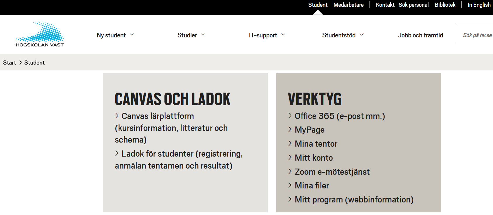 Bilden visar var en student väljer att komma till Ladok för studenter