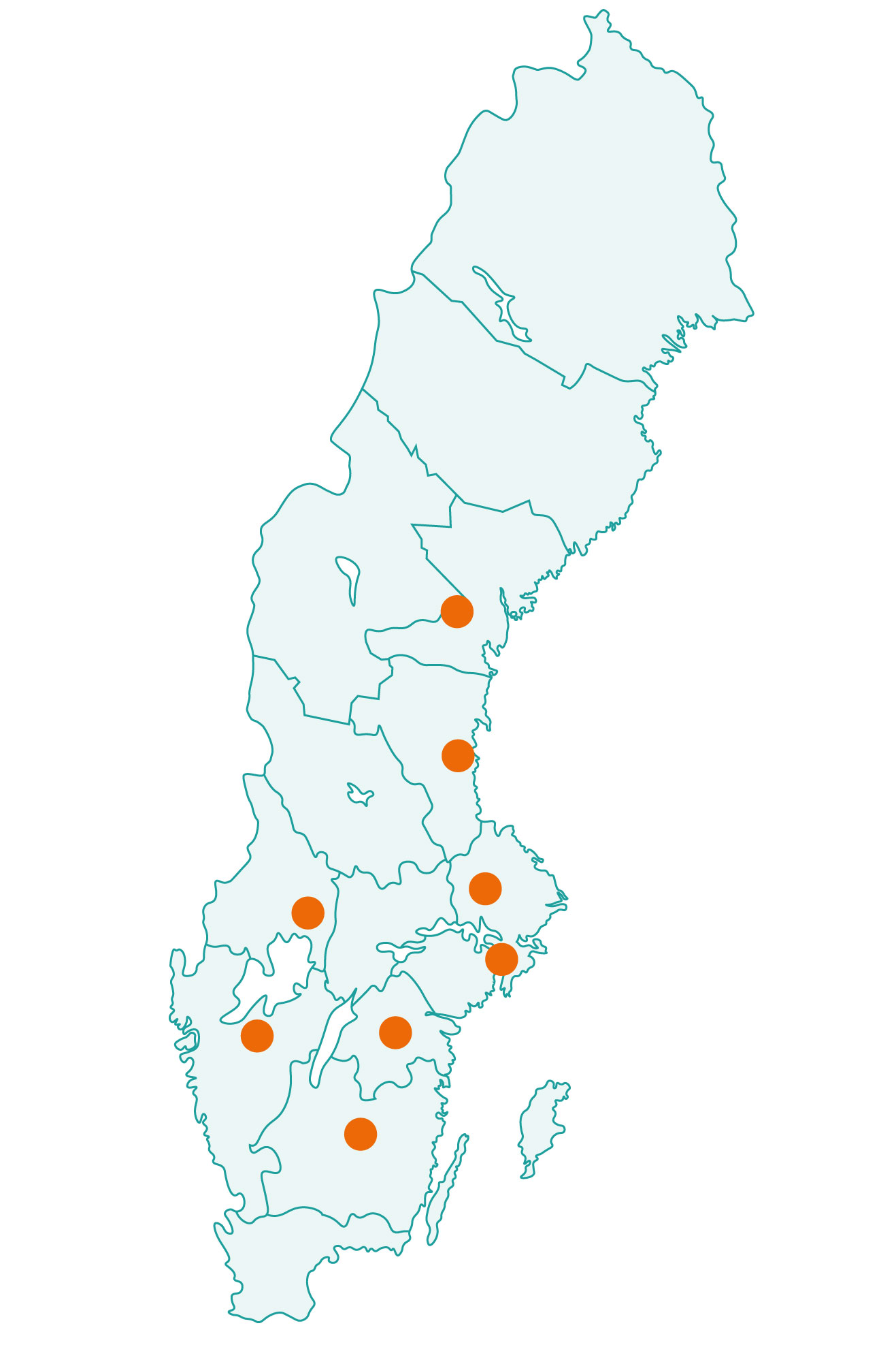 Bild på Sverige med medverkande lärosäten utmärkta på kartan. 