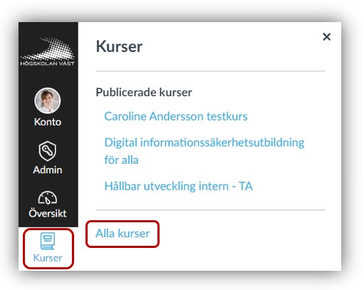 Alla kurser längst ned i menyn för Kurser