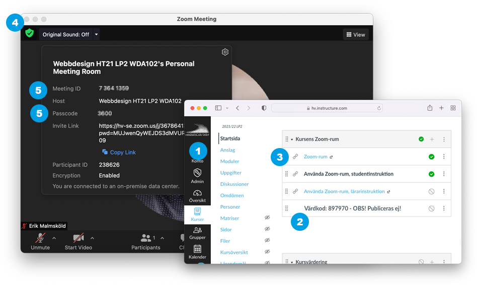 Information som hämtas i Canvas för att kunna ansluta till Zoom