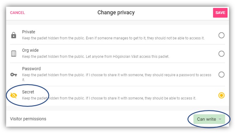 Privacy settings Secret and Can write